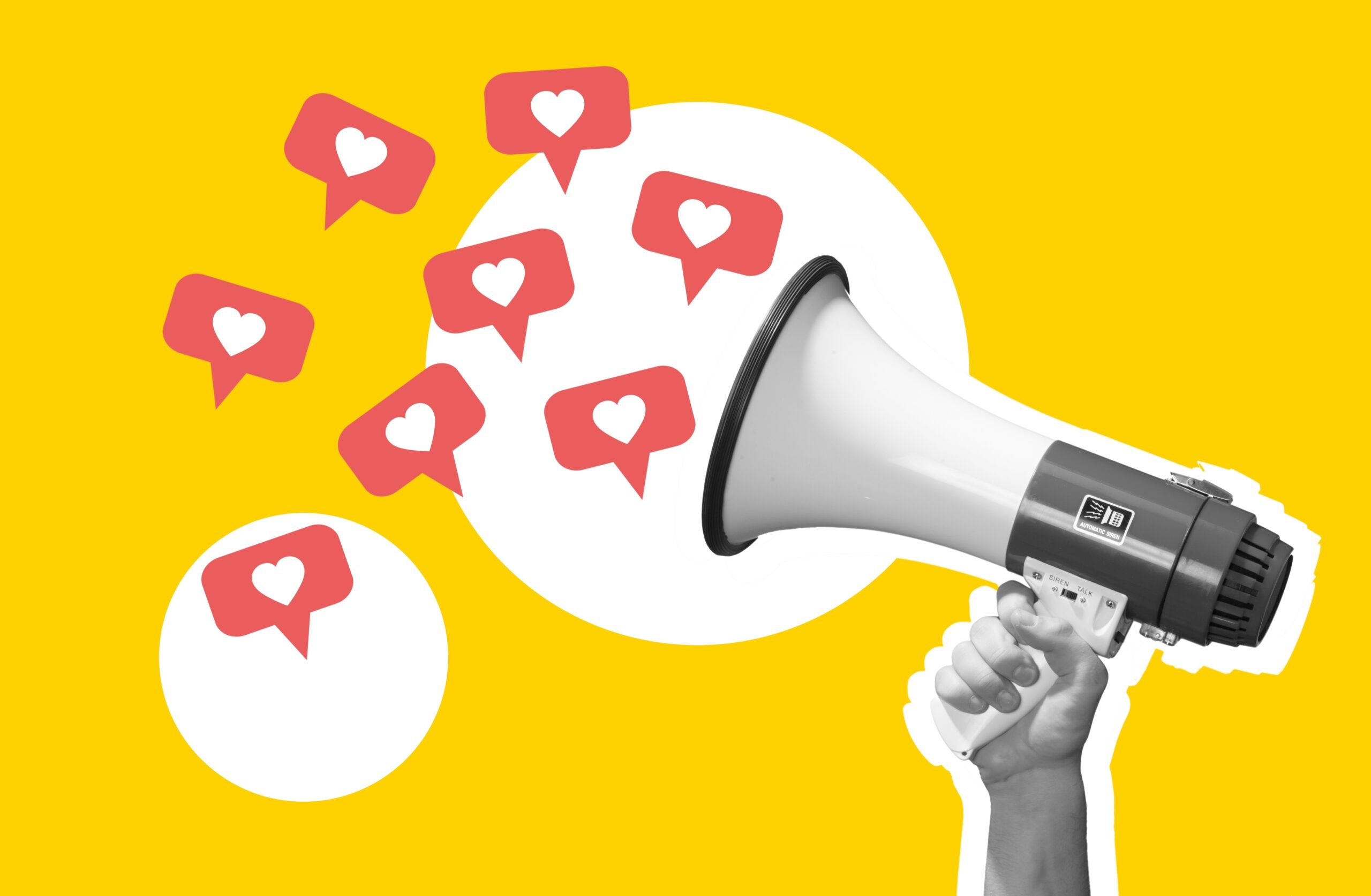 Social media marketing illustration with megaphone and engagement icons representing content promotion, audience engagement, and social media management tools