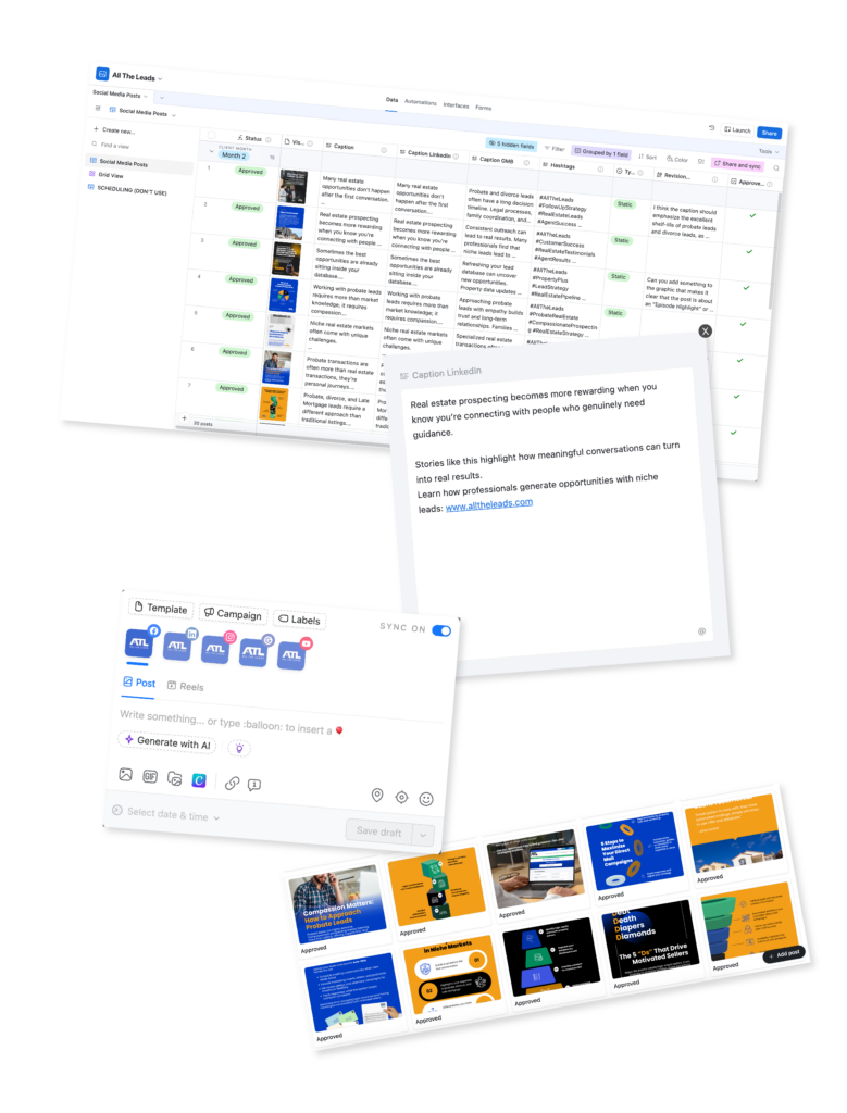 Done-for-you social media management service dashboard showing content calendar, post creation, and branded social media posts