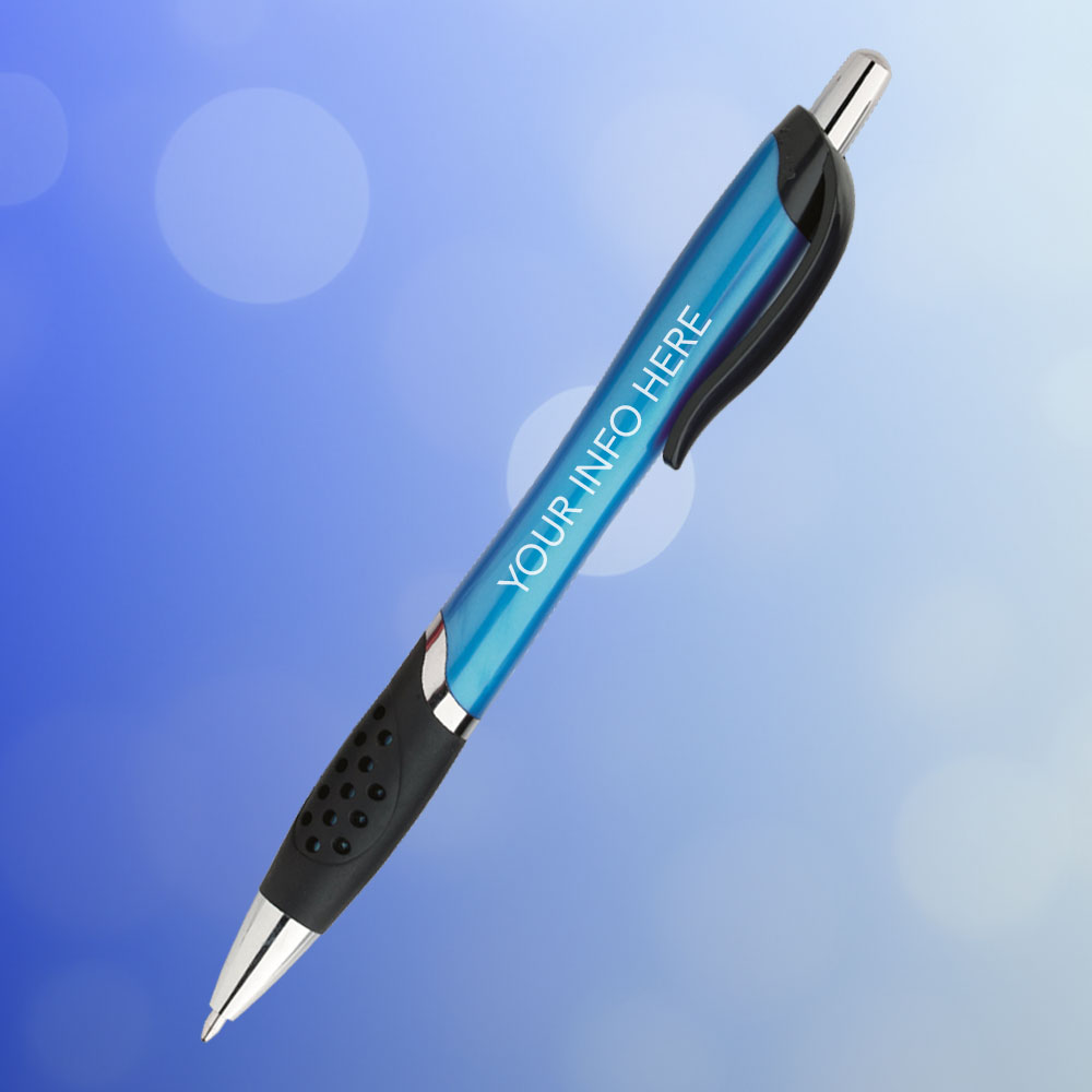 blue pen with chrome accents