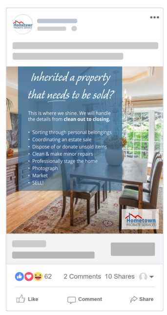 Social Motivator Probate Marketing Sample Example of a Facebook post with an image and a text box featuring a list of ways a real estate agent can assist their client with selling an inherited property.