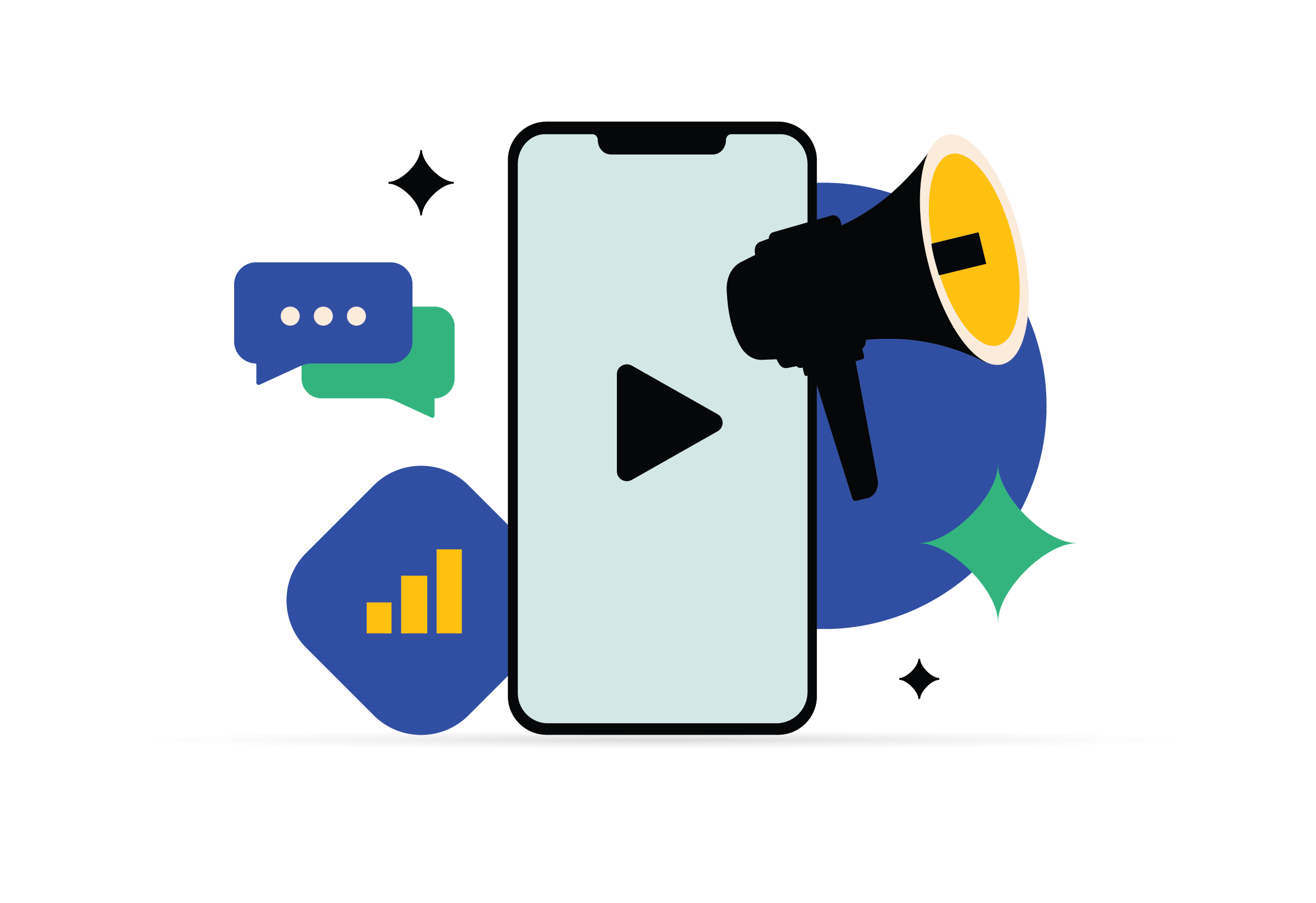 Short-form video marketing illustration showing mobile video content creation for Instagram Reels, TikTok, and YouTube Shorts